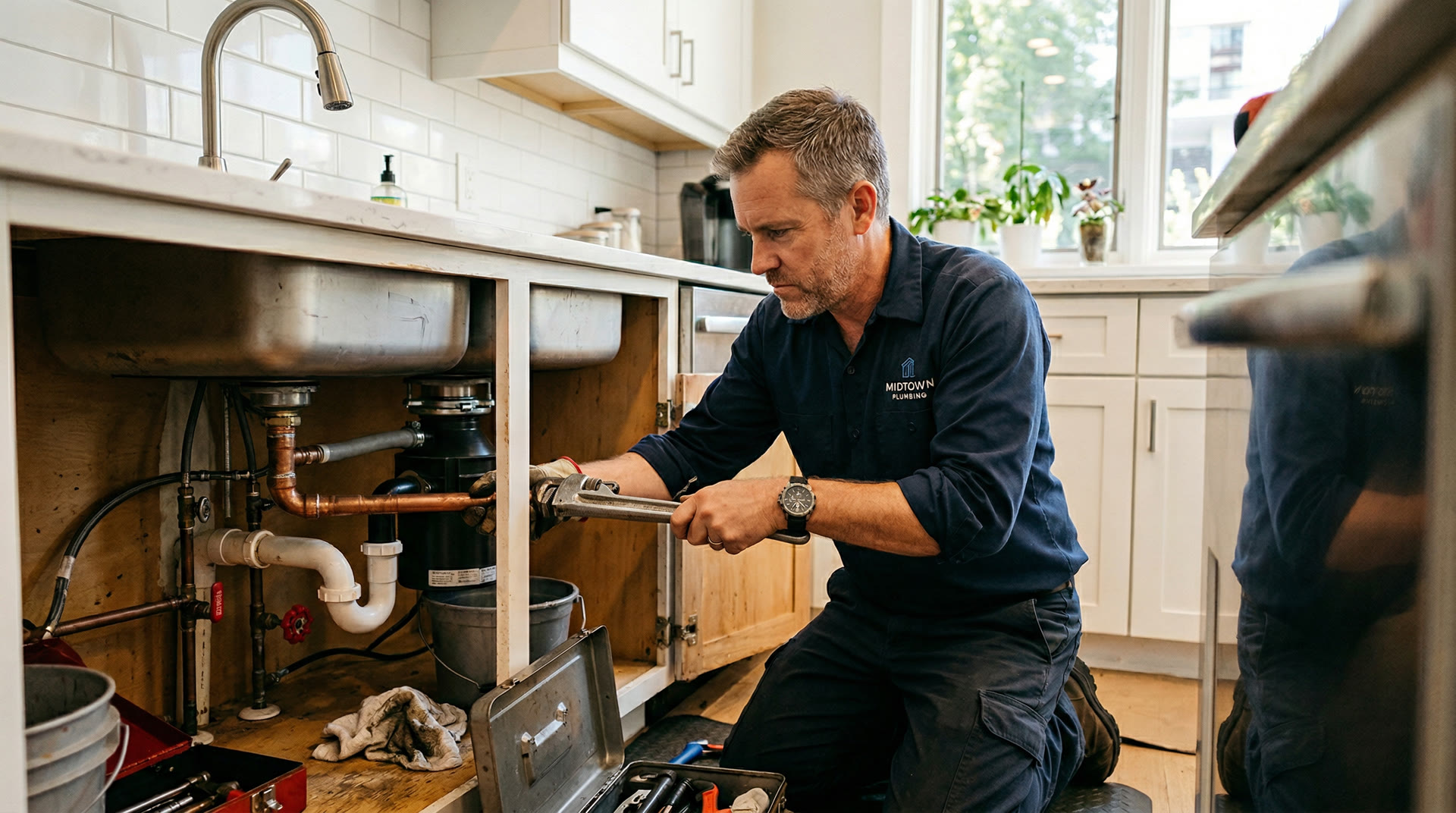 Professional plumber repairing pipes under a kitchen sink
